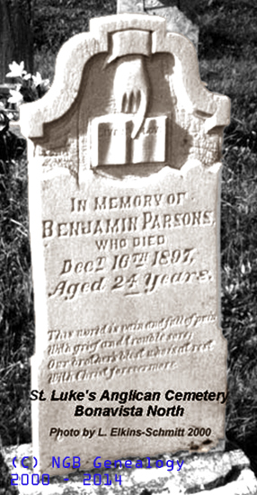 Headstone of Benjamin Parsons in the St. Luke's Cemetery in Bonavista Bay District