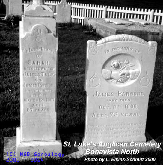 Headstone of James and Sarah Parsons in the St. Luke's Cemetery in Bonavista Bay District
