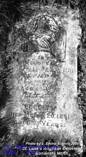 Headstone of William and Lenora Parsons in the St. Luke's Cemetery in Bonavista Bay District