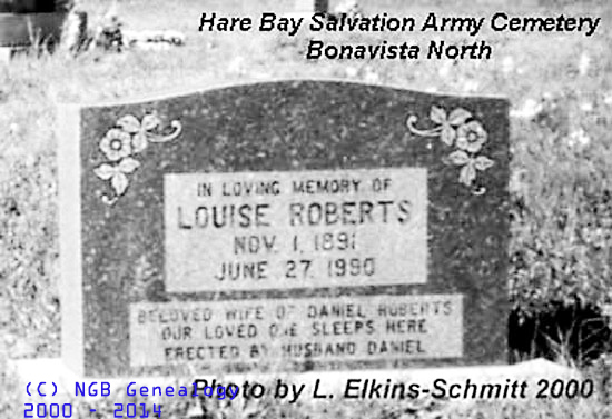 Headstone of Louise Roberts in Hare bay SA Cemetery in Bonavista Bay District
