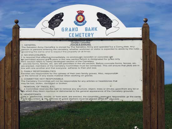 View of the New Grand Bank Salvation Army Cemetery Sign