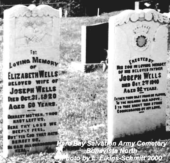 Headstone of Joseph and Elizabeth Wells in Hare bay SA Cemetery in Bonavista Bay District