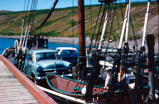 Transporting the Spencer car on the Harold Guy during the Halifax-Fortune trip of 1953