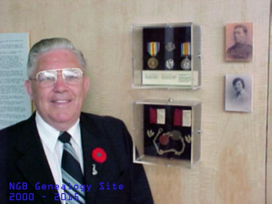 Hugh Small beside his father's memorabilia